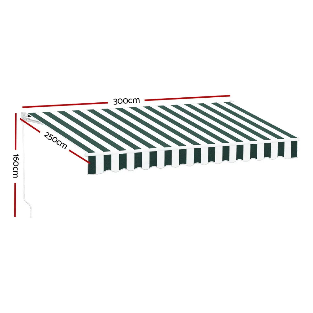 Instahut Retractable Folding Arm Awning Manual Sunshade 3Mx2.5M Green White - Mekamart Australia