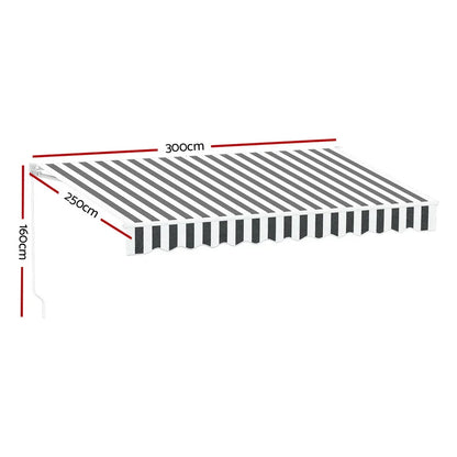 Instahut Retractable Folding Arm Awning Manual Sunshade 3Mx2.5M Grey White - Mekamart Australia