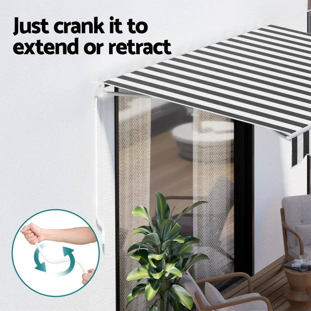 Instahut Retractable Folding Arm Awning Manual Sunshade 3Mx2.5M Grey White - Mekamart Australia