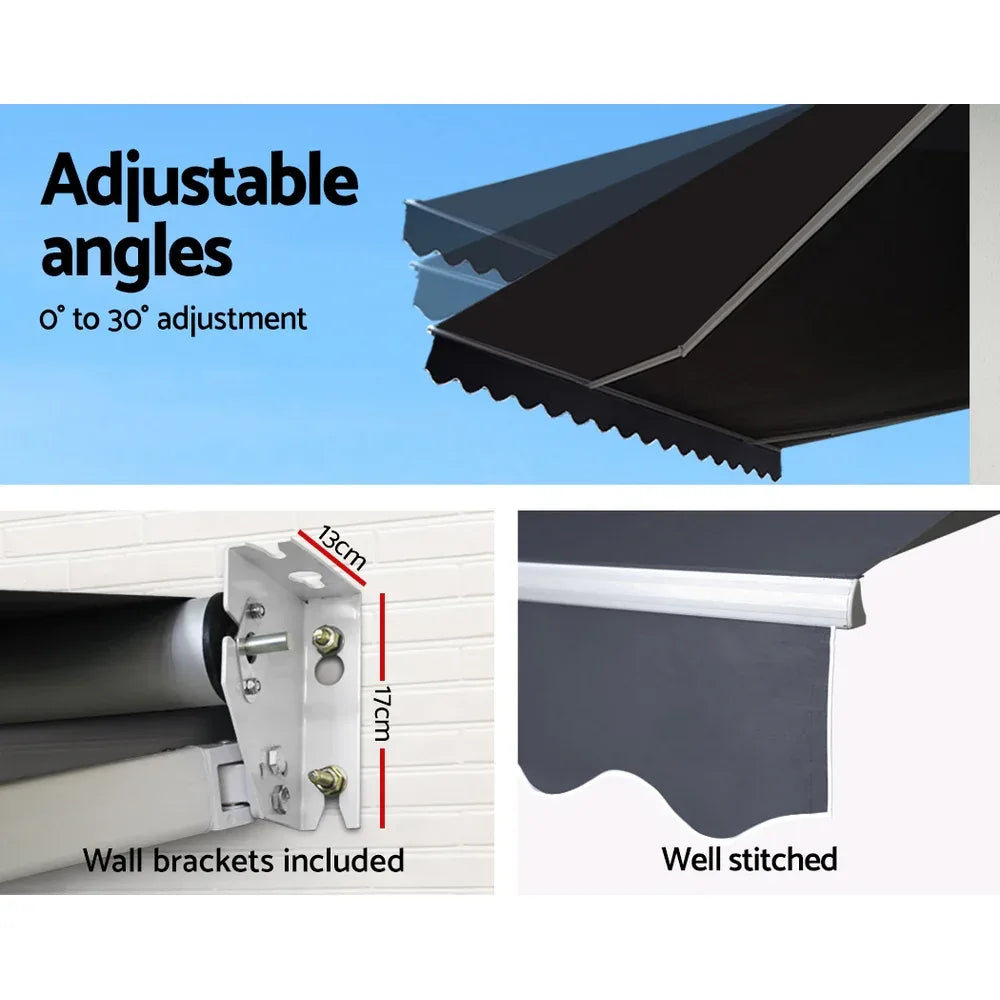 Instahut Retractable Folding Arm Awning Manual Sunshade 5Mx3M Grey - Mekamart Australia