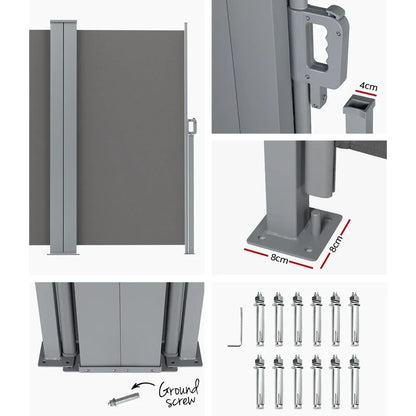 Instahut Side Awning Sun Shade Outdoor Retractable Privacy Screen 2X6M Grey - Mekamart Australia