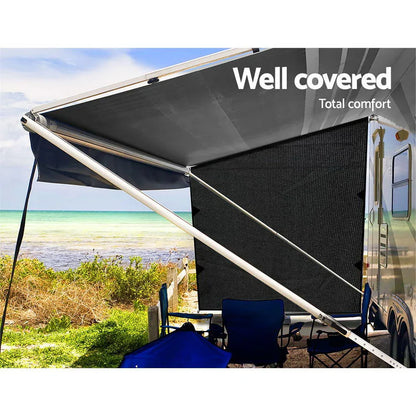 Caravan Privacy Screen Roll Out Awning 1.95x2.2M Sun Shade End Wall Side Black - Mekamart Australia