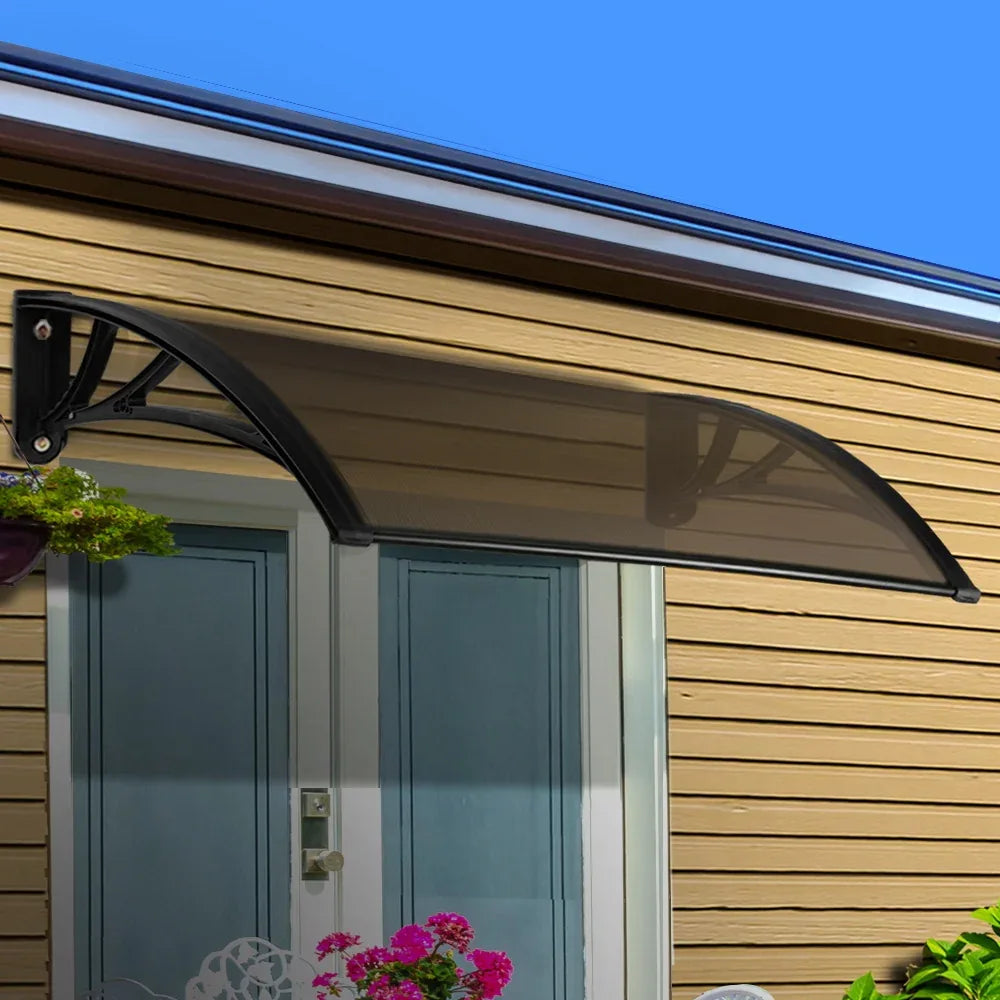Instahut Window Door Awning Canopy 1mx2m Brown Sheet Black Plastic Frame - Mekamart Australia