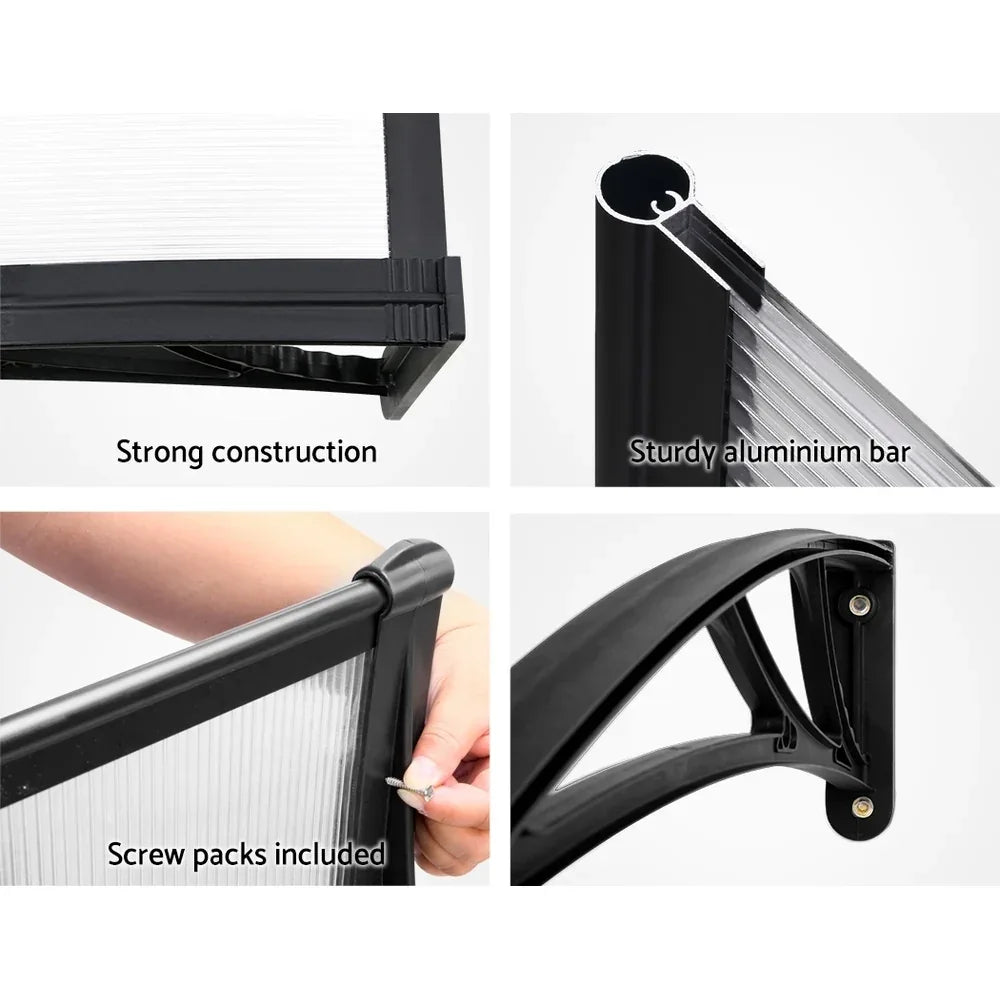 Instahut Window Awning Door Canopy 1m x 4m Transparent Sheet Black Plastic Frame - Mekamart Australia