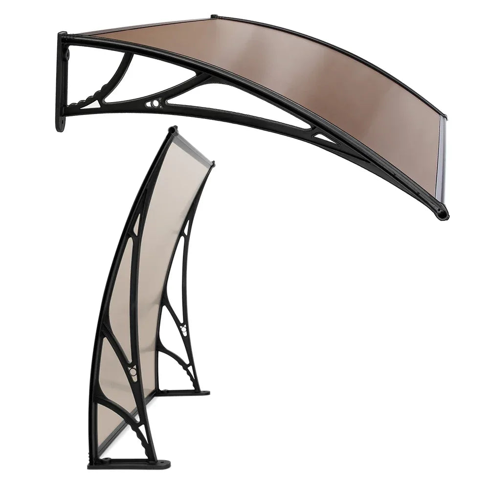 Instahut Window Awning Door Canopy 1m x 4m Brown Sheet Black Plastic Frame - Mekamart Australia