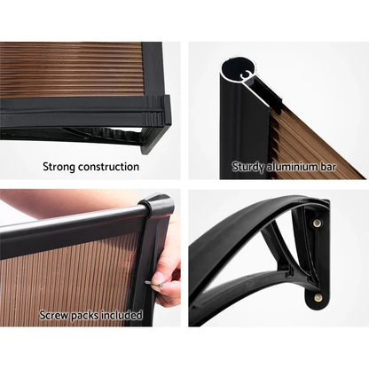 Instahut Window Awning Door Canopy 1m x 4m Brown Sheet Black Plastic Frame - Mekamart Australia