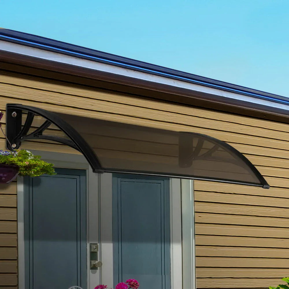 Instahut Window Awning Door Canopy 1m x 4m Brown Sheet Black Plastic Frame - Mekamart Australia