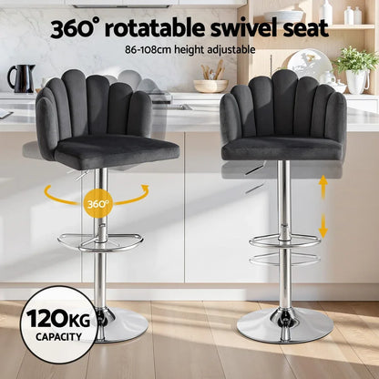 Artiss Bar Stool X2 Kitchen Dining Counter Gaslift Chair Adjustable Velvet Grey - Mekamart Australia