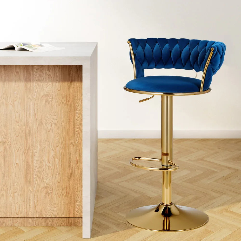 Artiss Bar Stools Gas Lift Velvet Woven Backrest Navy - Mekamart Australia