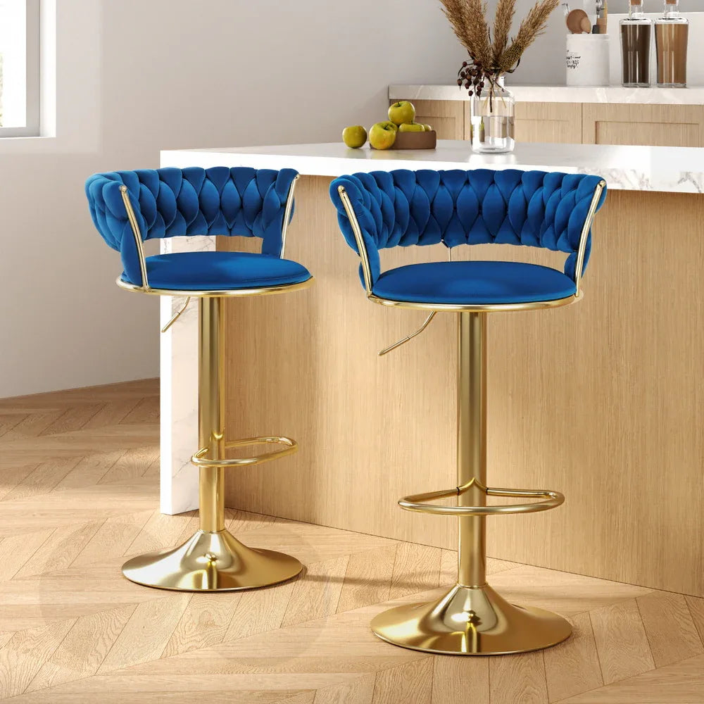 Artiss 2x Bar Stools Gas Lift Velvet Woven Backrest Navy - Mekamart Australia