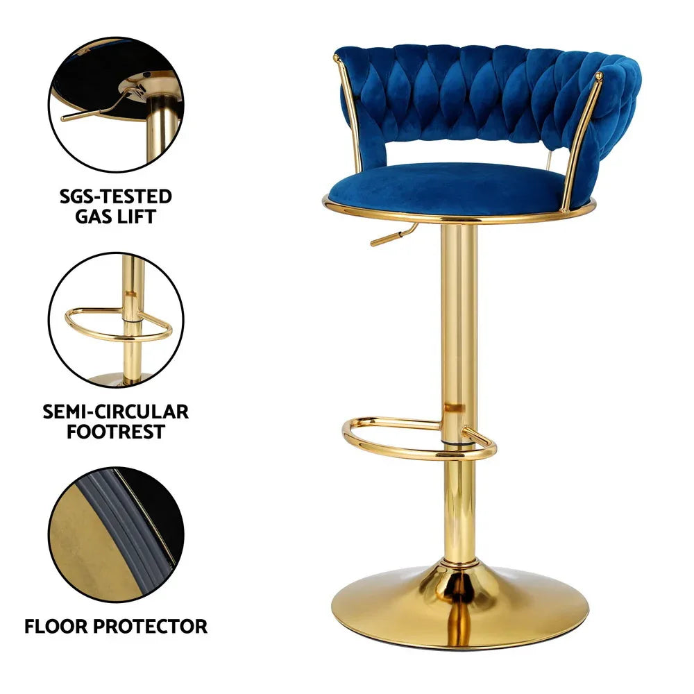 Artiss 2x Bar Stools Gas Lift Velvet Woven Backrest Navy - Mekamart Australia