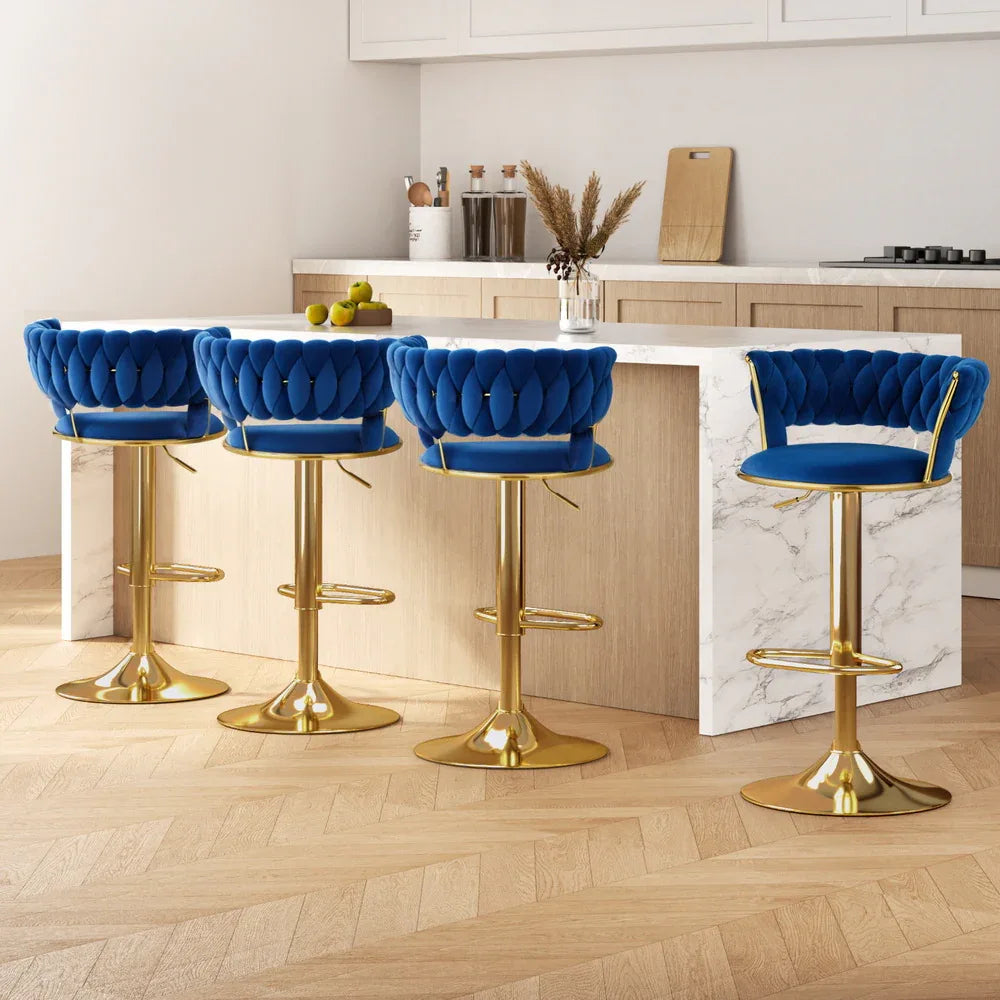 Artiss 4x Bar Stools Gas Lift Velvet Woven Backrest Navy - Mekamart Australia