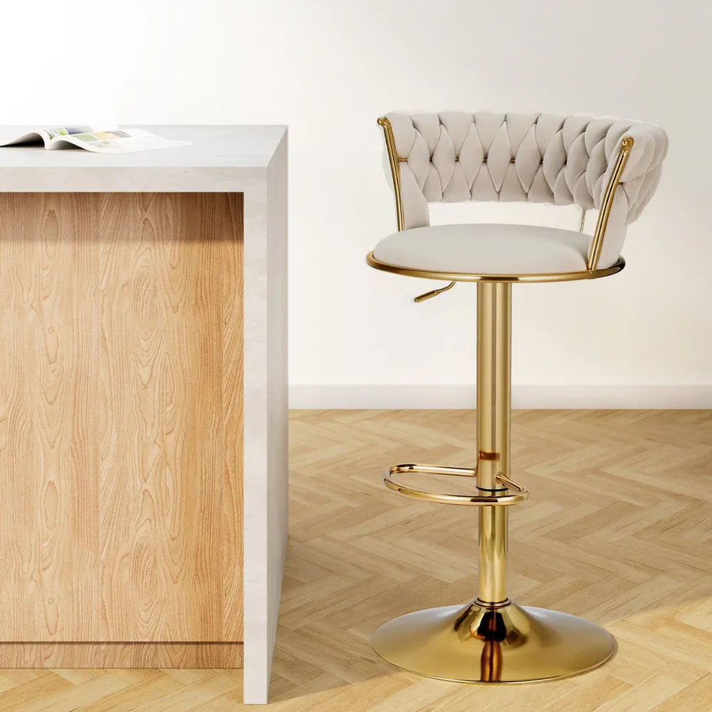 Artiss Bar Stools Gas Lift Velvet Woven Backrest Ivory - Mekamart Australia
