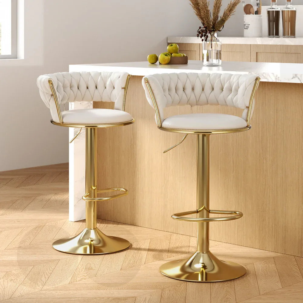 Artiss 2x Bar Stools Gas Lift Velvet Woven Backrest Ivory - Mekamart Australia