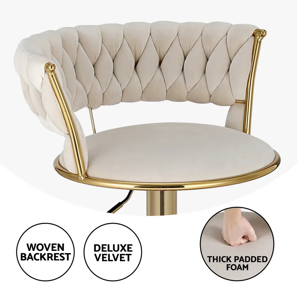 Artiss 2x Bar Stools Gas Lift Velvet Woven Backrest Ivory - Mekamart Australia