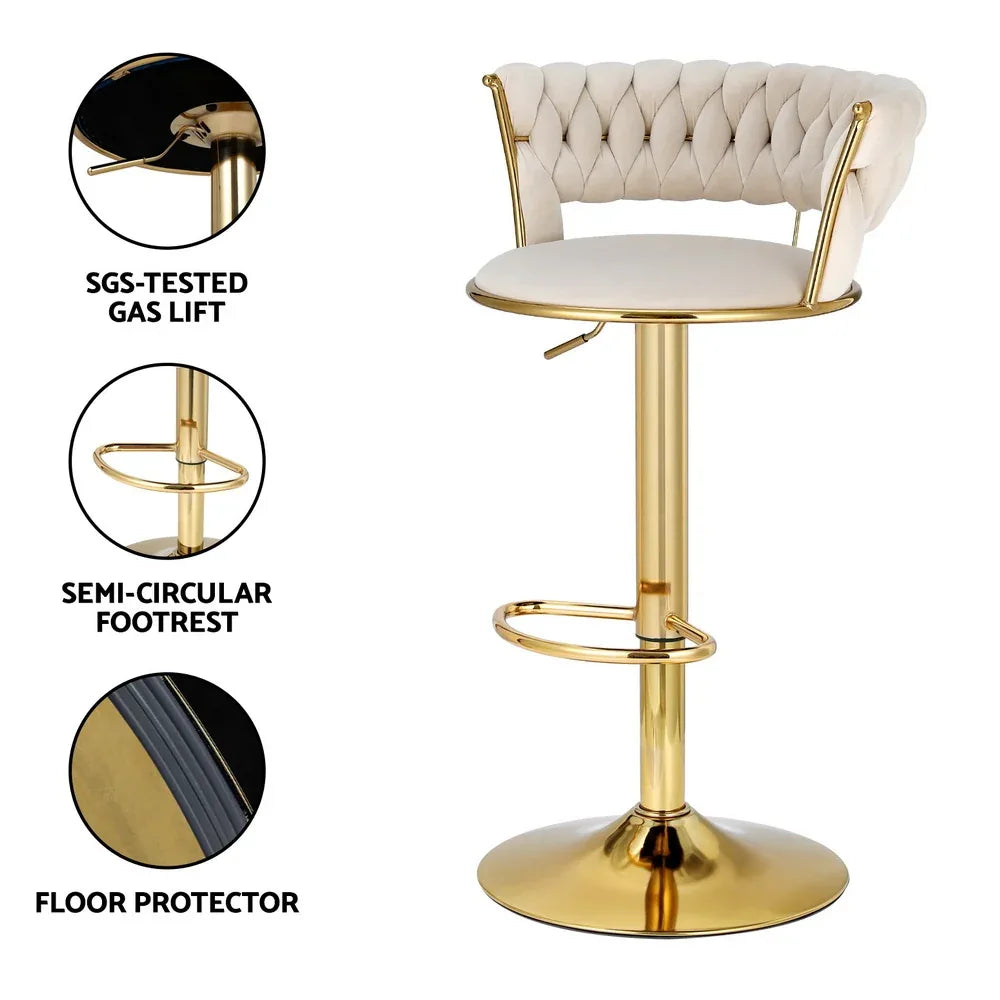 Artiss 2x Bar Stools Gas Lift Velvet Woven Backrest Ivory - Mekamart Australia