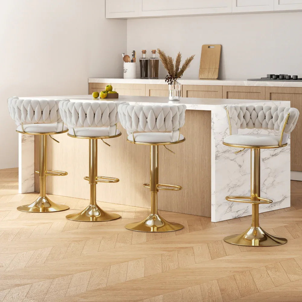 Artiss 4x Bar Stools Gas Lift Velvet Woven Backrest Ivory - Mekamart Australia