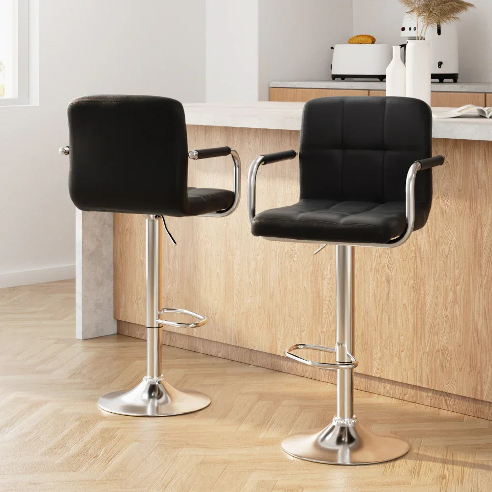 Artiss 2x Bar Stools Leather Gas Lift w/Armrest Black - Mekamart Australia