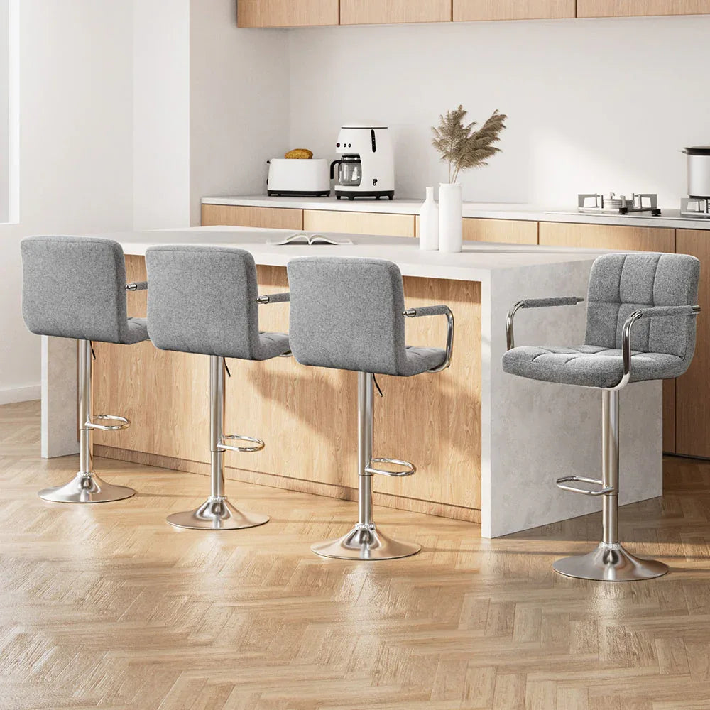 Artiss 4x Bar Stools Fabric Gas Lift w/Armrest Grey - Mekamart Australia