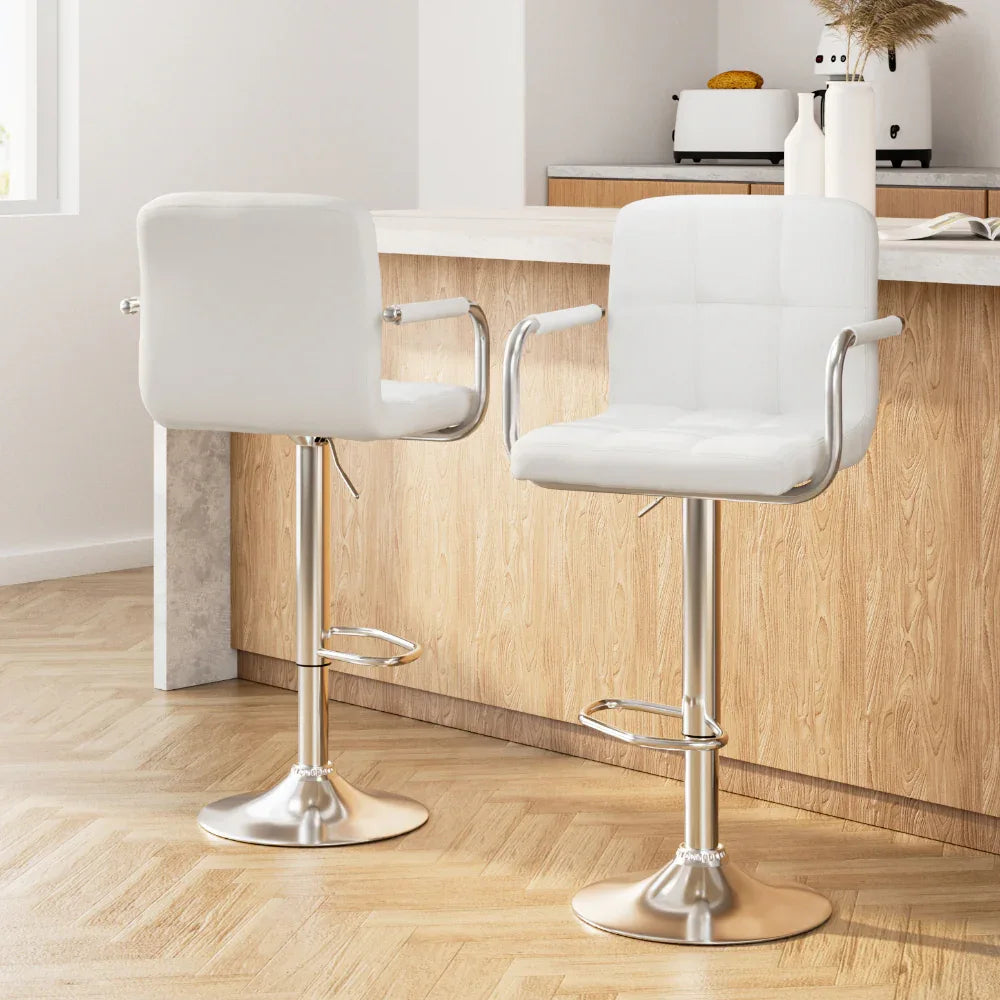 Artiss 2x Bar Stools Leather Gas Lift w/Armrest White - Mekamart Australia