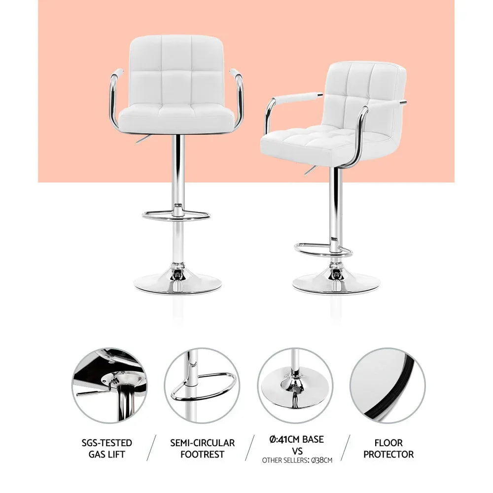 Artiss 2x Bar Stools Leather Gas Lift w/Armrest White - Mekamart Australia
