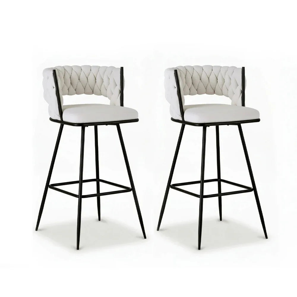 Artiss 2x Bar Stools Kitchen Dining Chair Counter Stool Woven Velvet Metal Ivory - Mekamart Australia
