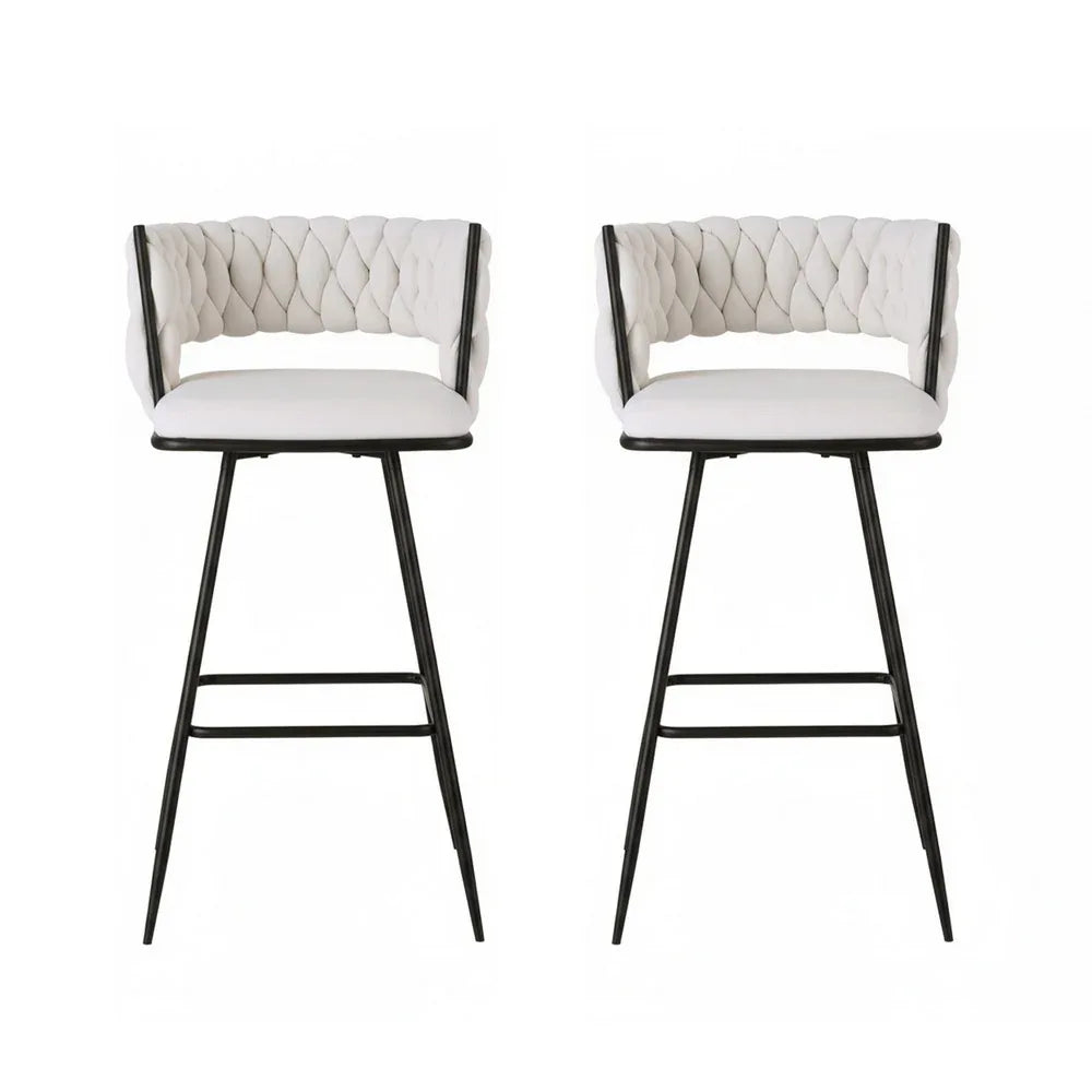 Artiss 2x Bar Stools Kitchen Dining Chair Counter Stool Woven Velvet Metal Ivory - Mekamart Australia