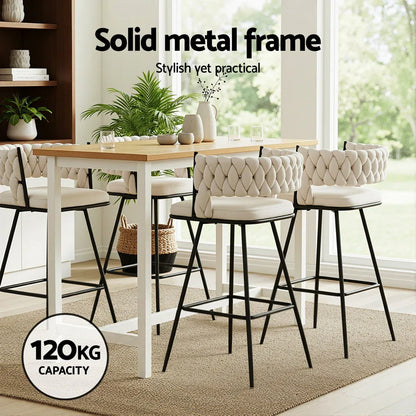 Artiss 2x Bar Stools Kitchen Dining Chair Counter Stool Woven Velvet Metal Ivory - Mekamart Australia