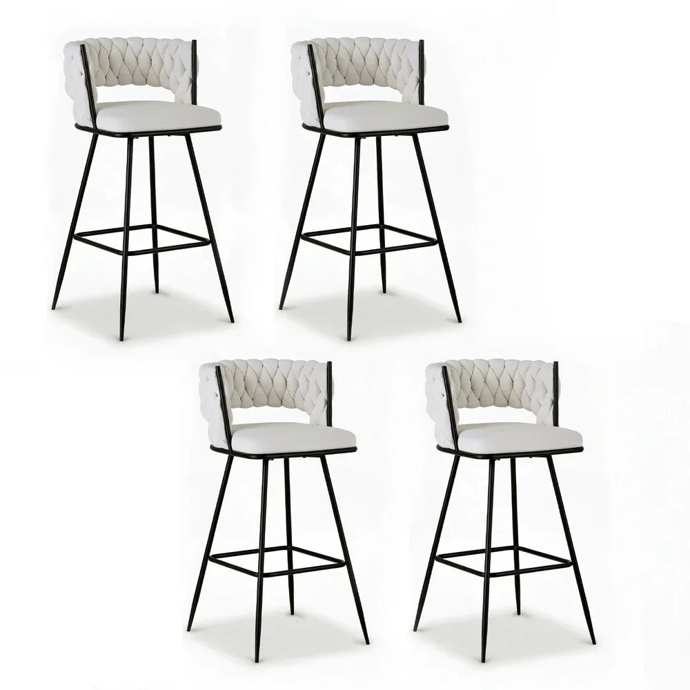 Artiss 4x Bar Stools Kitchen Dining Chair Counter Stool Woven Velvet Metal Ivory - Mekamart Australia