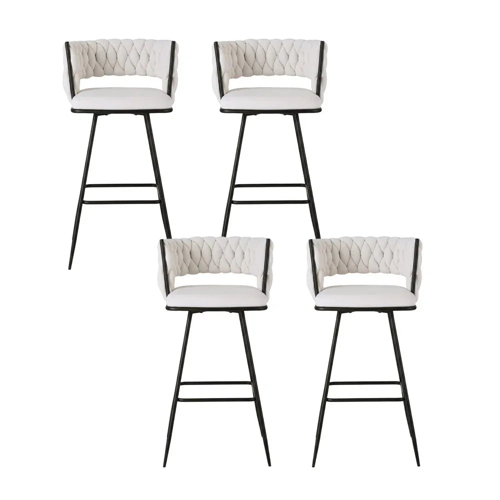 Artiss 4x Bar Stools Kitchen Dining Chair Counter Stool Woven Velvet Metal Ivory - Mekamart Australia