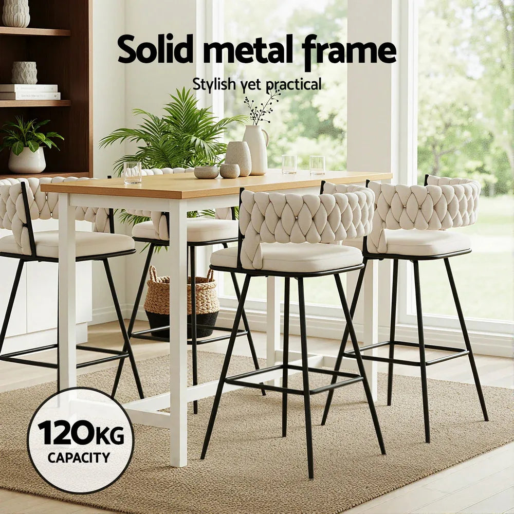 Artiss 4x Bar Stools Kitchen Dining Chair Counter Stool Woven Velvet Metal Ivory - Mekamart Australia