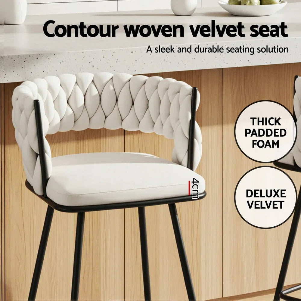 Artiss 4x Bar Stools Kitchen Dining Chair Counter Stool Woven Velvet Metal Ivory - Mekamart Australia