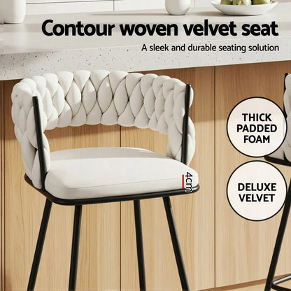 Artiss 4x Bar Stools Kitchen Dining Chair Counter Stool Woven Velvet Metal Ivory - Mekamart Australia