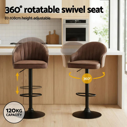 Artiss 2x Bar Stools Kitchen Swivel Gas Lift Counter Chair Shell Leather Brown - Mekamart Australia