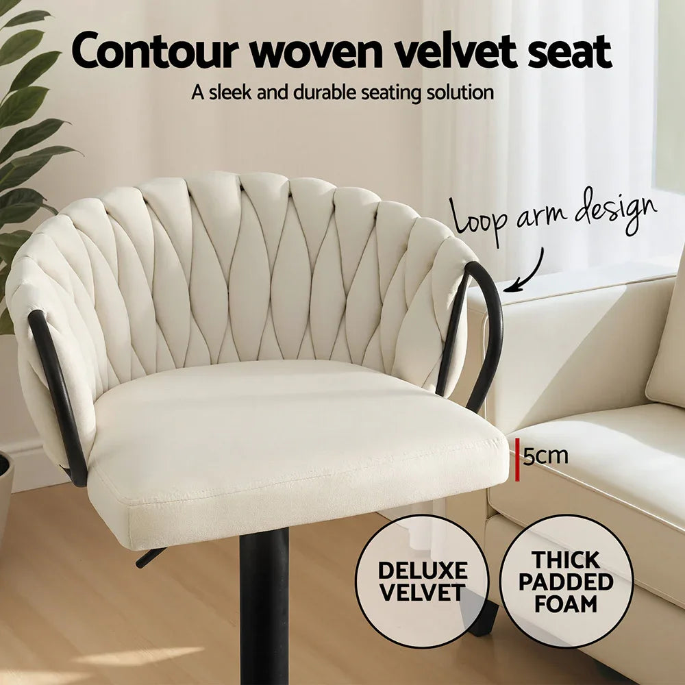 Artiss 1x Bar Stool Single Kitchen Dining Chair Counter Stool Woven Velvet Ivory - Mekamart Australia
