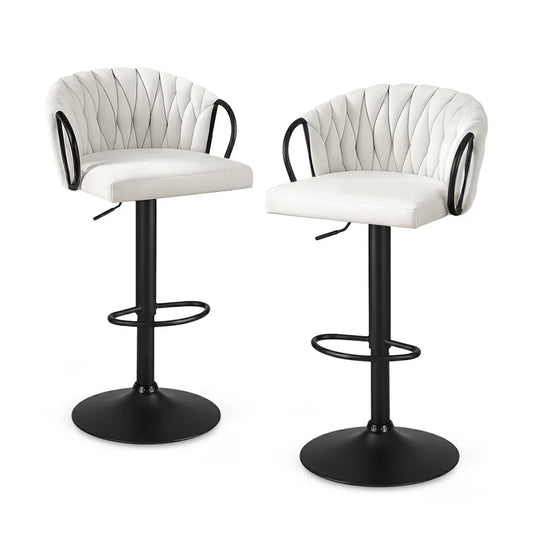 Artiss Bar Stool x2 Kitchen Dining Chair Counter Gaslift Woven Velvet Ivory - Mekamart Australia