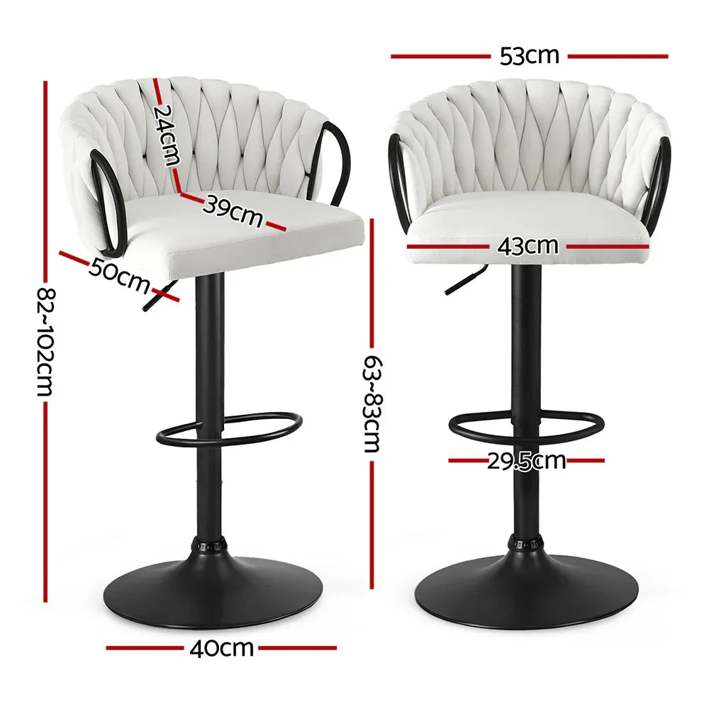 Artiss Bar Stool x2 Kitchen Dining Chair Counter Gaslift Woven Velvet Ivory - Mekamart Australia