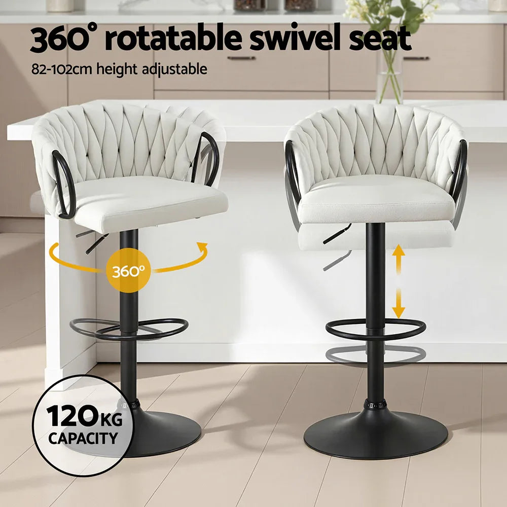 Artiss Bar Stool x2 Kitchen Dining Chair Counter Gaslift Woven Velvet Ivory - Mekamart Australia