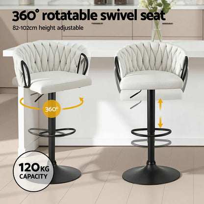 Artiss Bar Stool x2 Kitchen Dining Chair Counter Gaslift Woven Velvet Ivory - Mekamart Australia