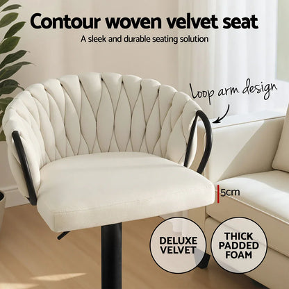 Artiss Bar Stool x2 Kitchen Dining Chair Counter Gaslift Woven Velvet Ivory - Mekamart Australia