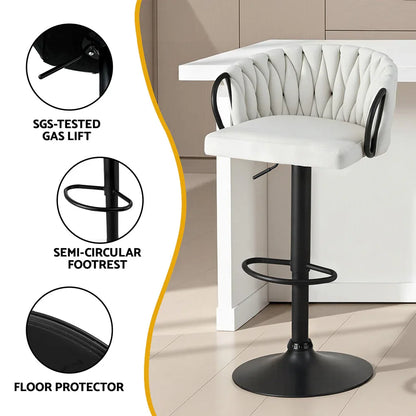 Artiss Bar Stool x2 Kitchen Dining Chair Counter Gaslift Woven Velvet Ivory - Mekamart Australia