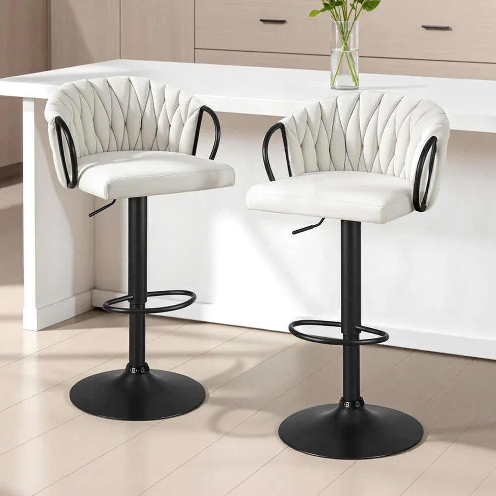 Artiss Bar Stool x2 Kitchen Dining Chair Counter Gaslift Woven Velvet Ivory - Mekamart Australia