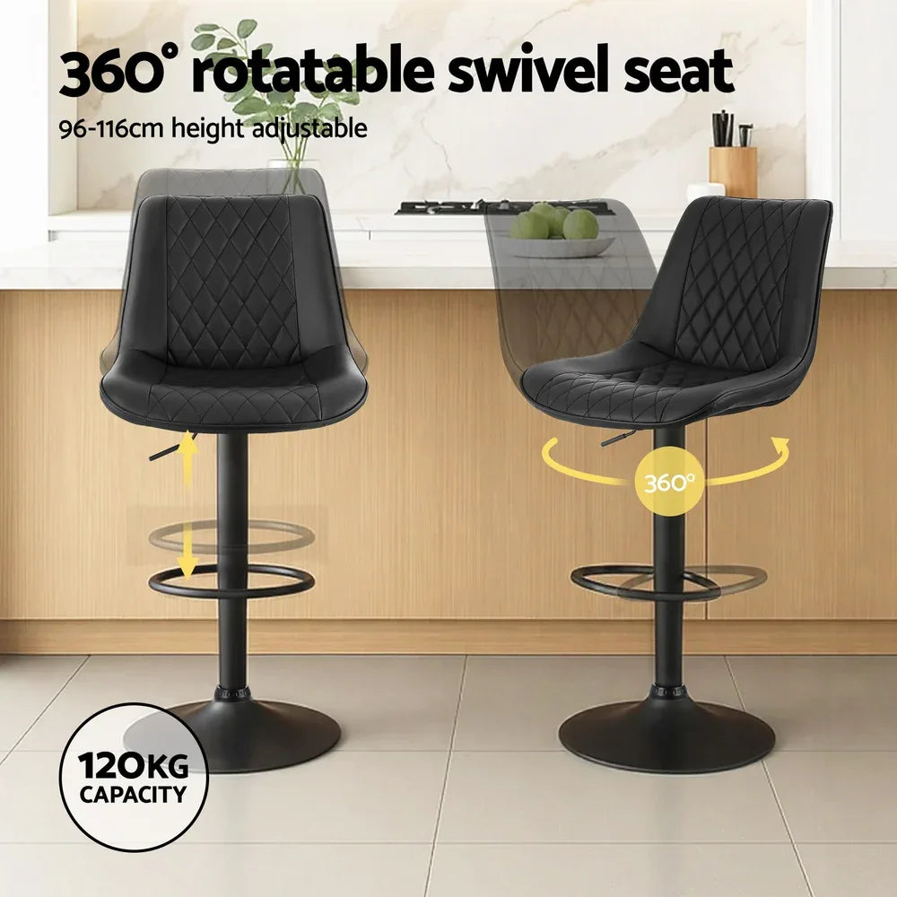 Artiss 2x Bar Stools Kitchen Swivel Gas Lift Counter Chair Diamond Leather Black - Mekamart Australia