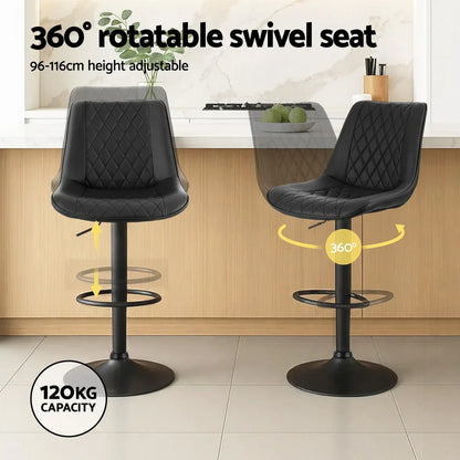 Artiss 2x Bar Stools Kitchen Swivel Gas Lift Counter Chair Diamond Leather Black - Mekamart Australia