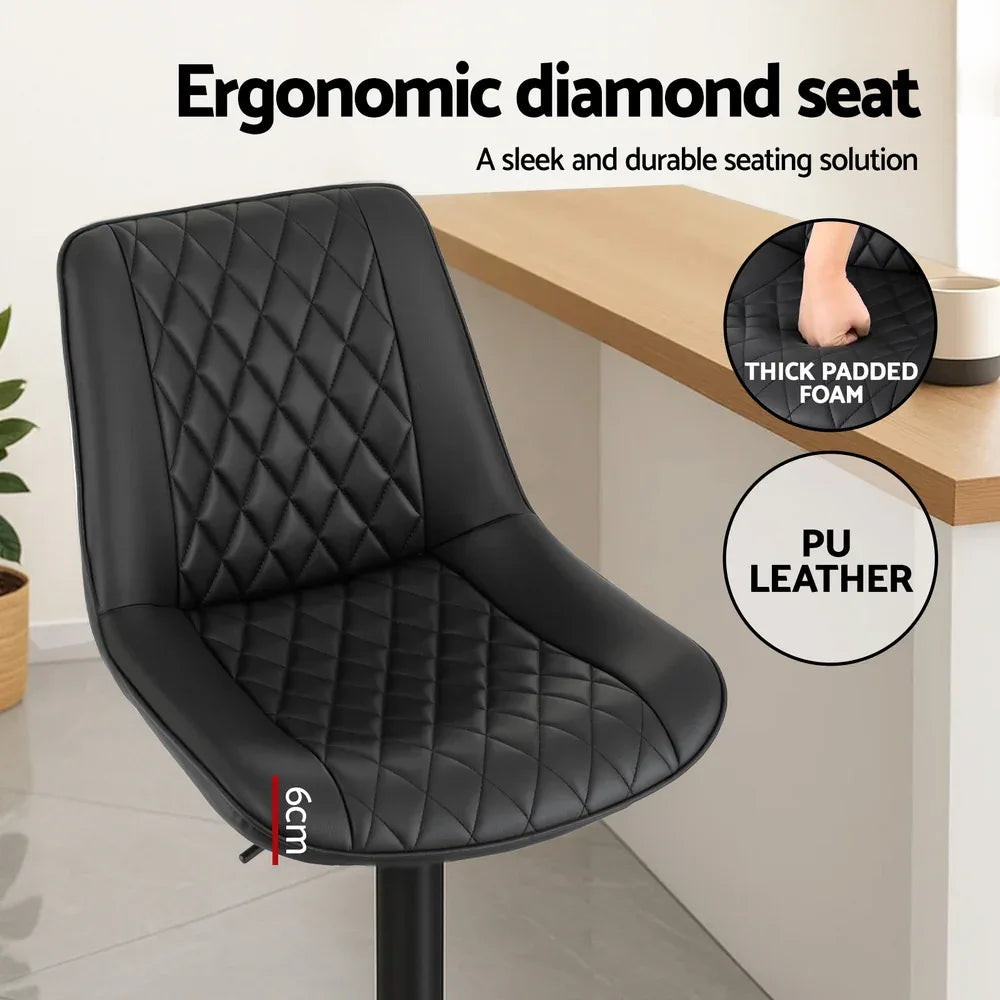 Artiss 2x Bar Stools Kitchen Swivel Gas Lift Counter Chair Diamond Leather Black - Mekamart Australia
