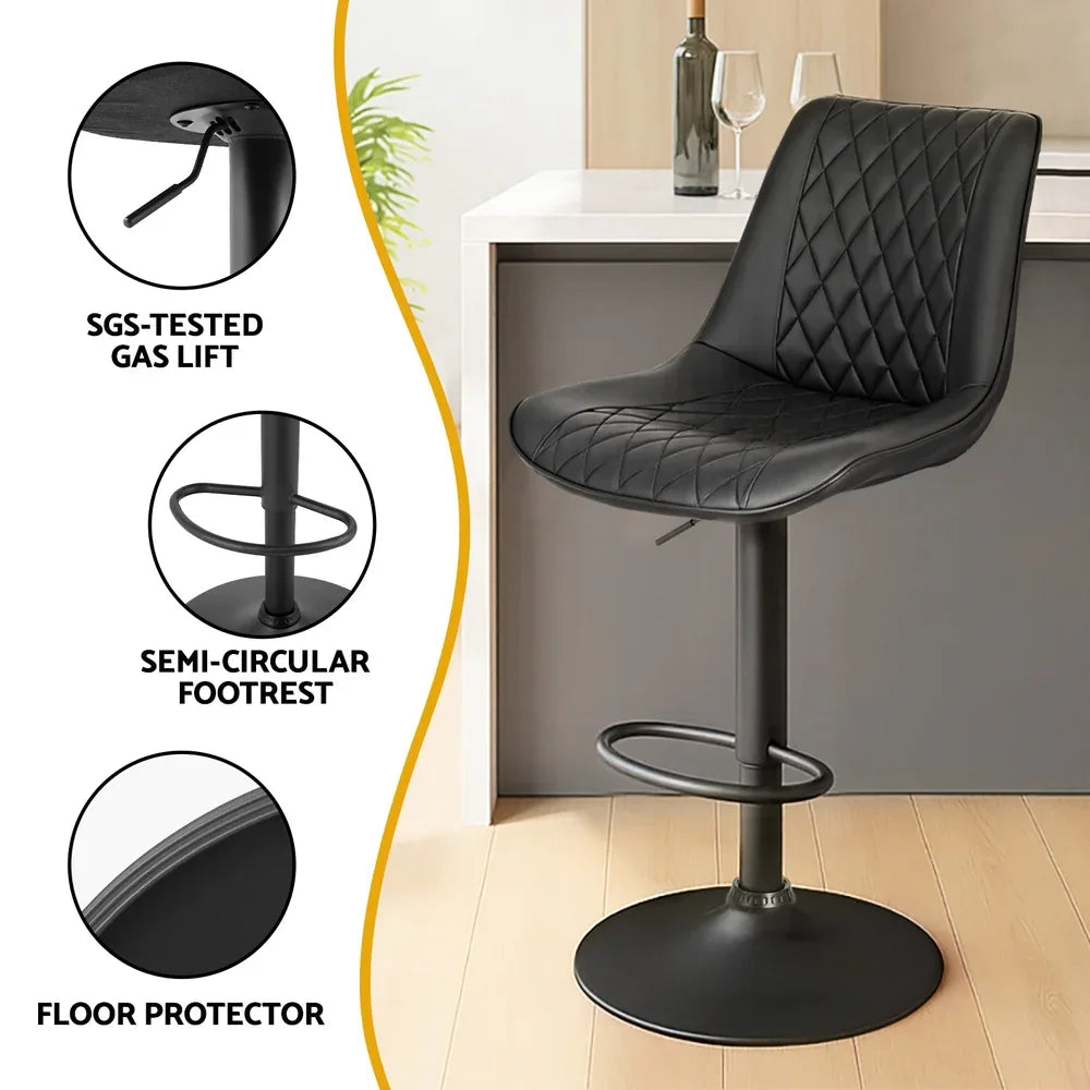 Artiss 2x Bar Stools Kitchen Swivel Gas Lift Counter Chair Diamond Leather Black - Mekamart Australia