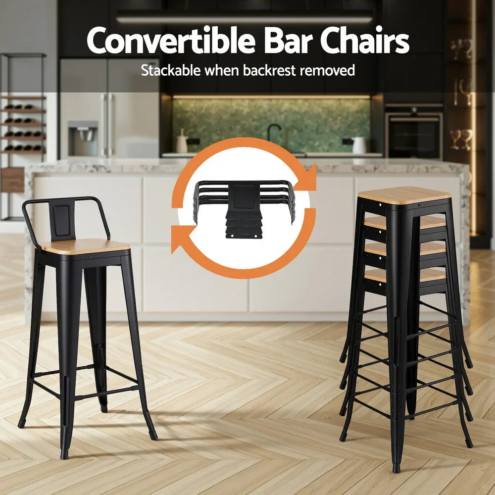 Artiss 4x Bar Stools Kitchen Counter High Chair Dining Stackable Metal Black - Mekamart Australia