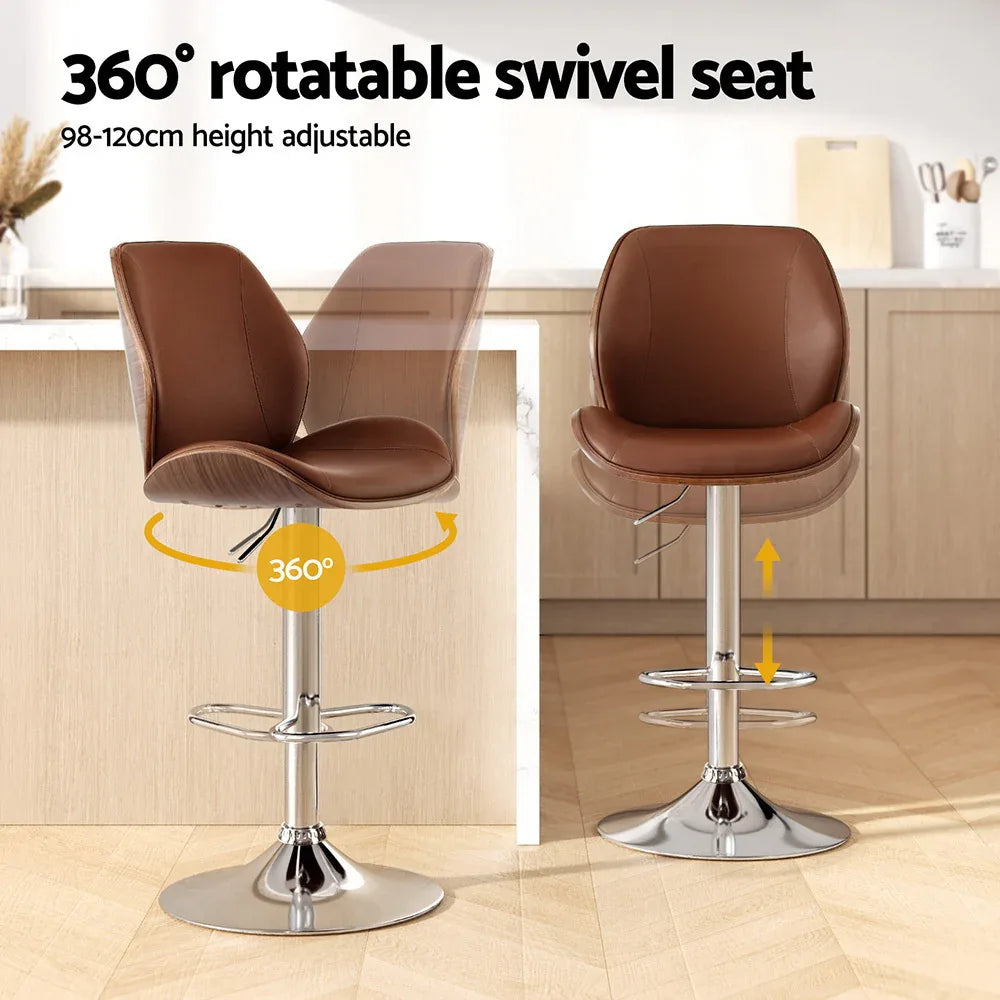 Artiss 2X Bar Stools Bentwood Adjustable Kitchen Counter Chair Leather Brown - Mekamart Australia