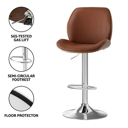 Artiss 2X Bar Stools Bentwood Adjustable Kitchen Counter Chair Leather Brown - Mekamart Australia