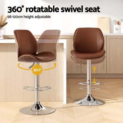 Artiss 4X Bar Stools Bentwood Adjustable Kitchen Counter Chair Leather Brown - Mekamart Australia